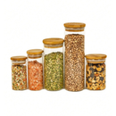 Conjunto de Potes de Vidro Hermético com Tampa de Bambu – 5 Peças